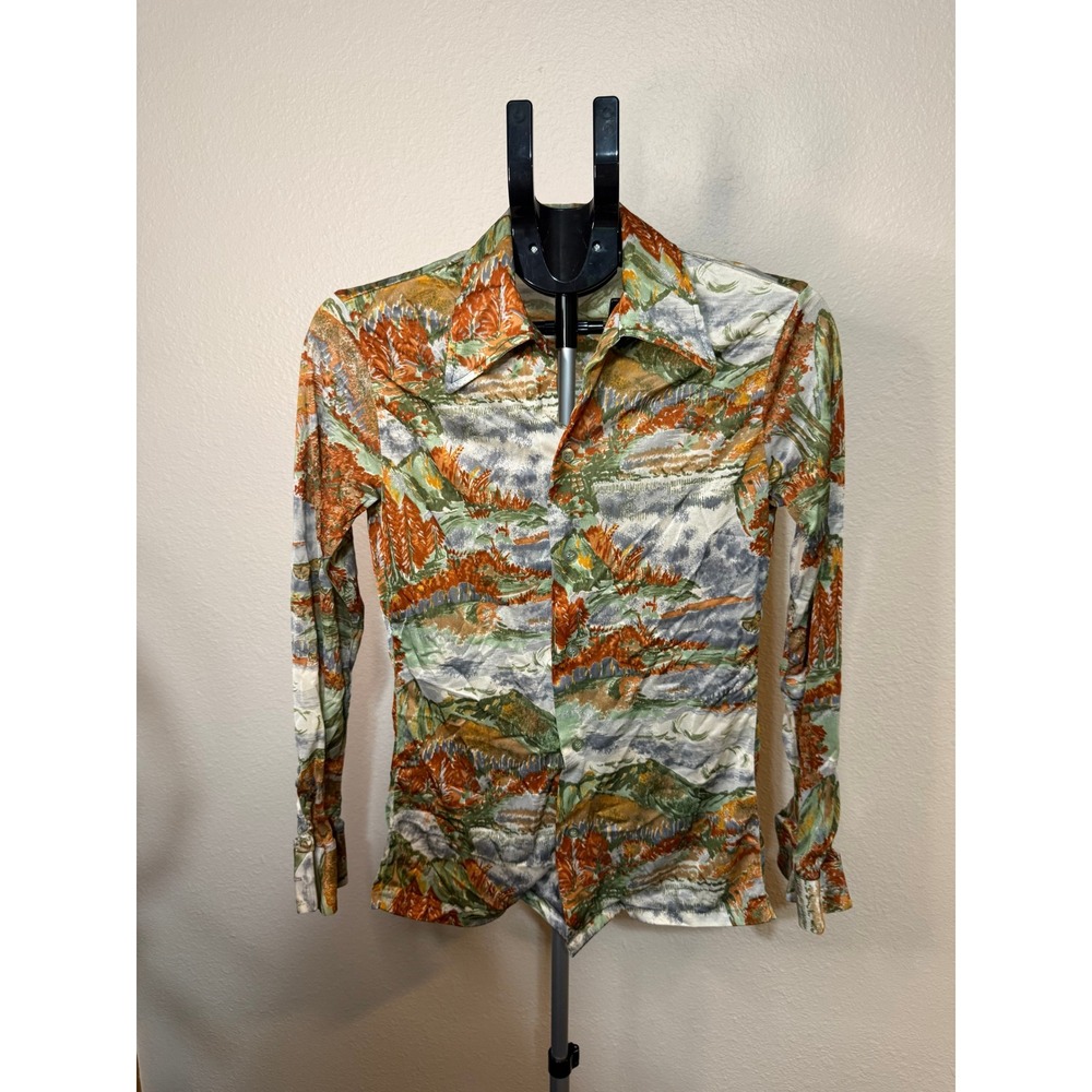 Vintage 70s Styled in California Scenic Landscape Print Disco Shirt Small Orange